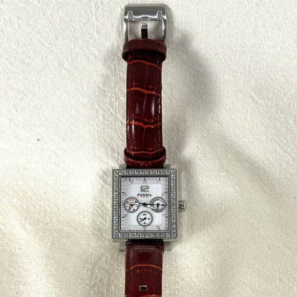 Fossil Square Bezel Multifunction Watch With Crystals and Burgundy Leather Band - Picture 2 of 5